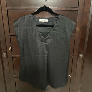 LOFT Black Satin V-Neck Cap Sleeve Blouse